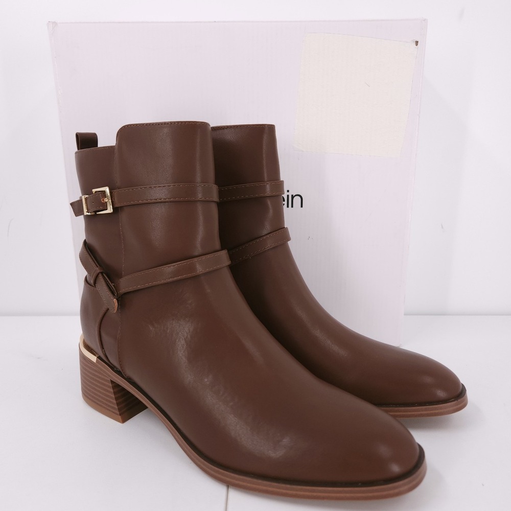 Calvin Klein Jasen Ankle Buckle Dark Natural Block Heel Slip On Boots Womens 9 M